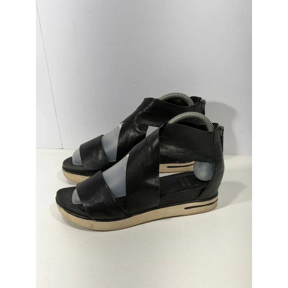 Eileen Fisher‎ Black Leather Crisscross Platform Sandals Back Zip Size 6.5